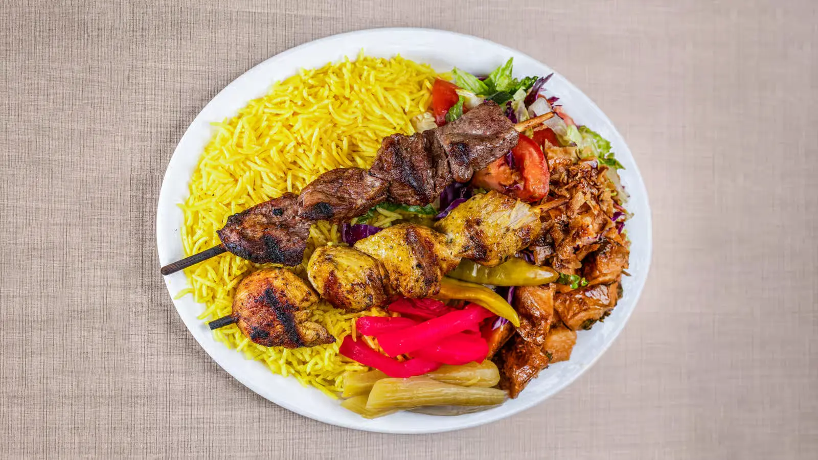 Royal Kabab Plate with beef chicken and lamb kababs at Donair & Shawarma House West Edmonton